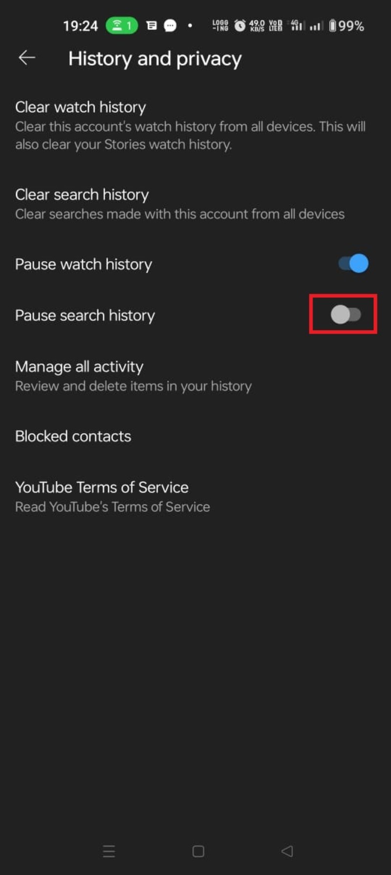 how to pause YouTube search history step 4