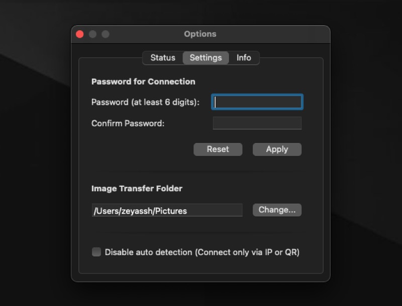 setting connection password on remote mouse desktop client