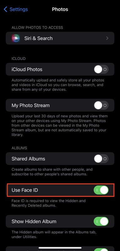 toggling face id on hidden album