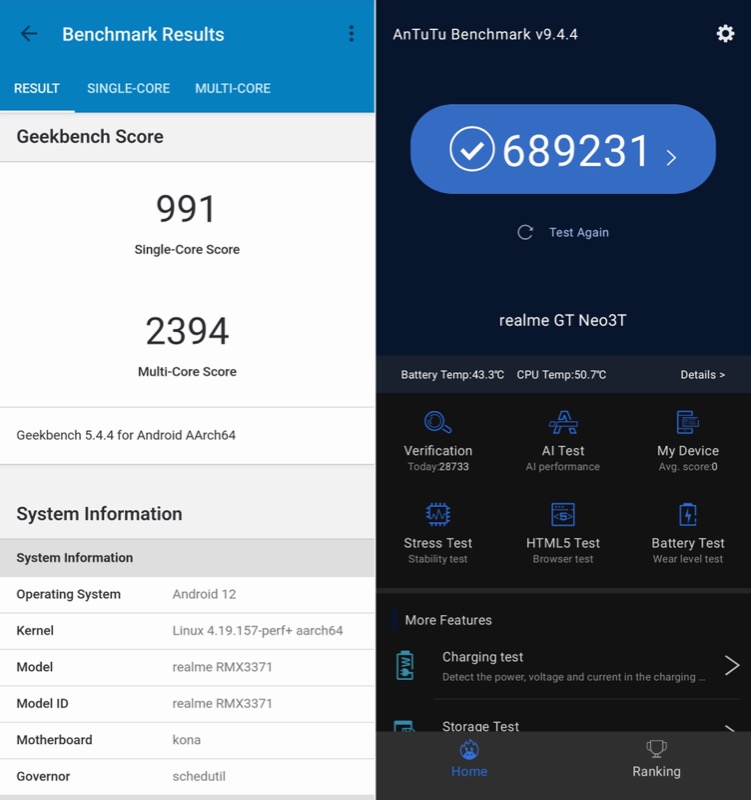 Realme GT Neo 3T benchmark