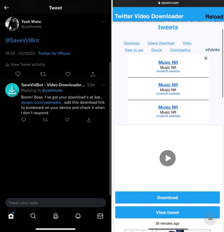 downloading a Twitter video on iPhone using savevidbot