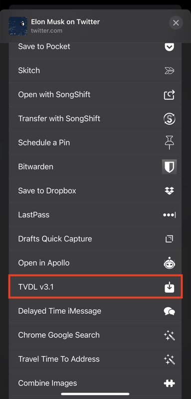 selecting tvdl shortcut from share sheet