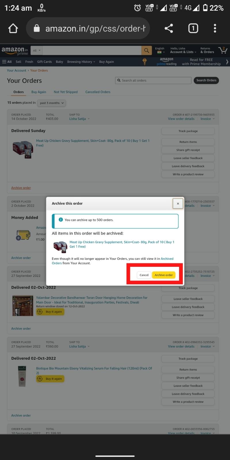 How to Archive Amazon Orders on Android and iPhone Step 7