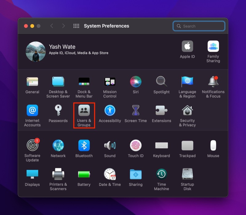 users & groups option inside system preferences