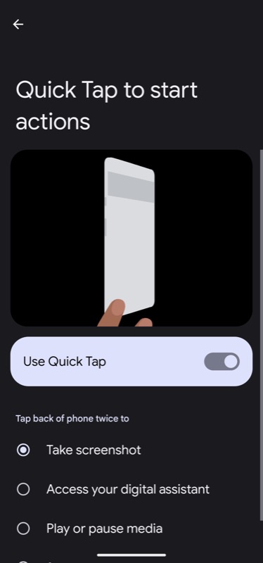 screenshot action for quick tap on pixel