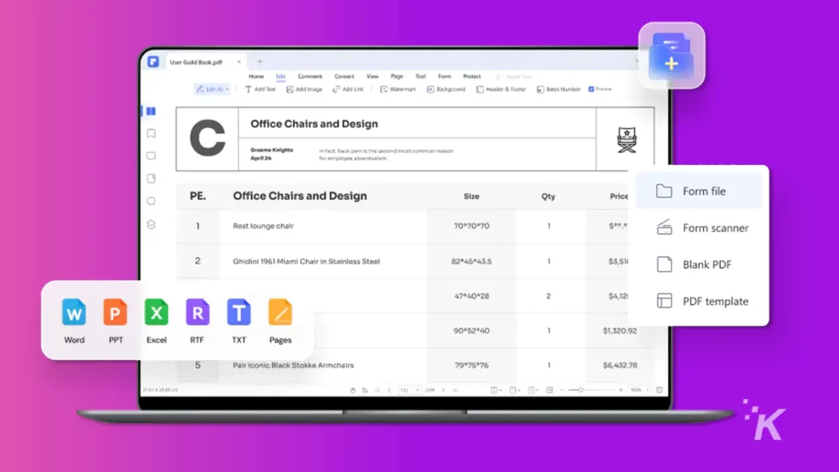 Documento PDF in fase di modifica che mostra tutte le funzionalità di Wondershare