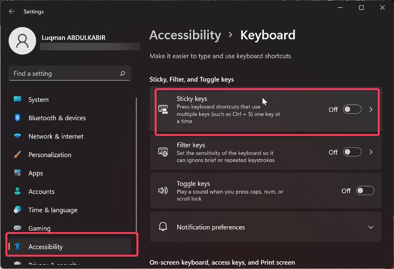 Disable Sticky Keys