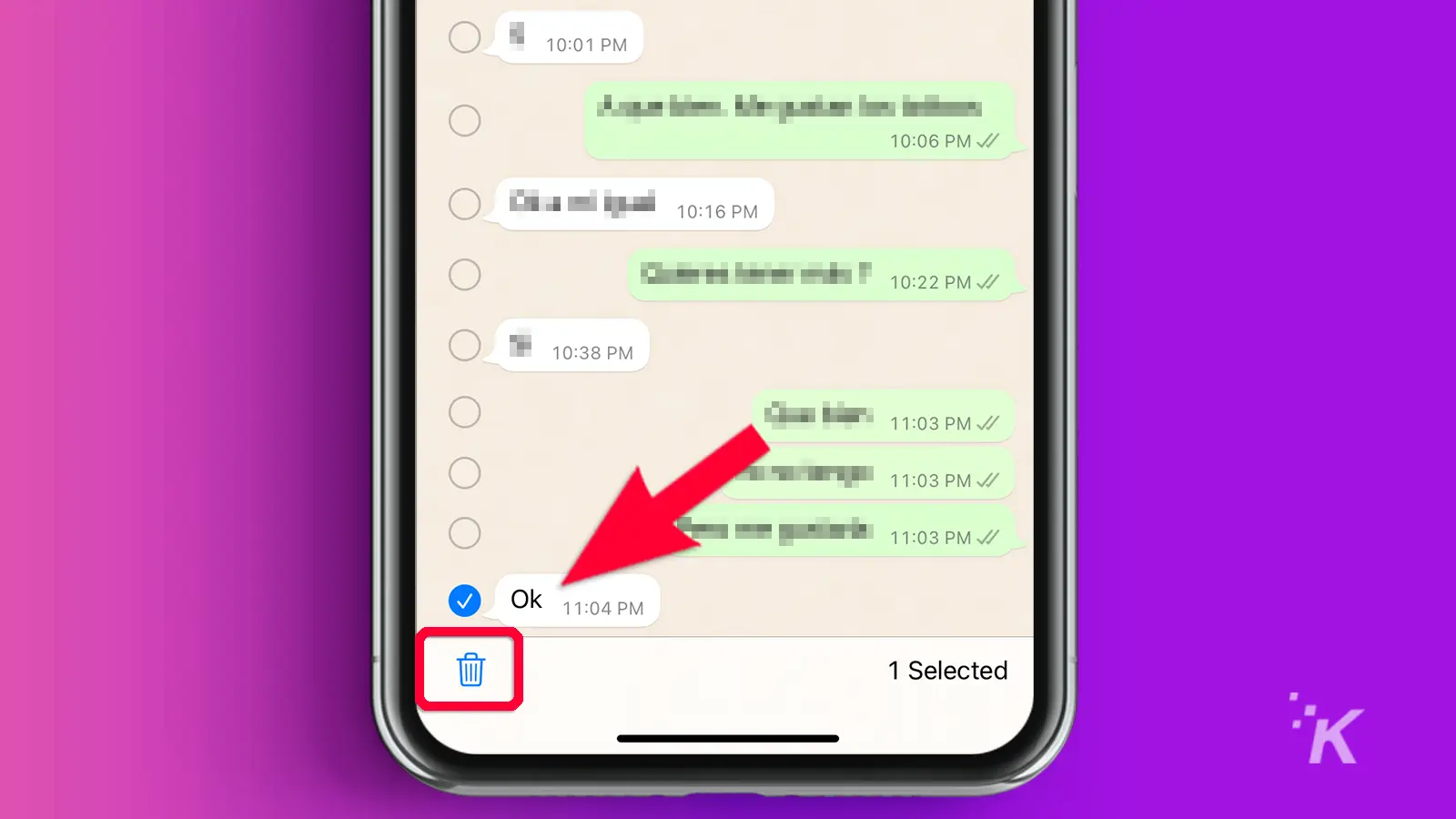 seta apontando para o ícone da lixeira no WhatsApp mobile em fundo roxo