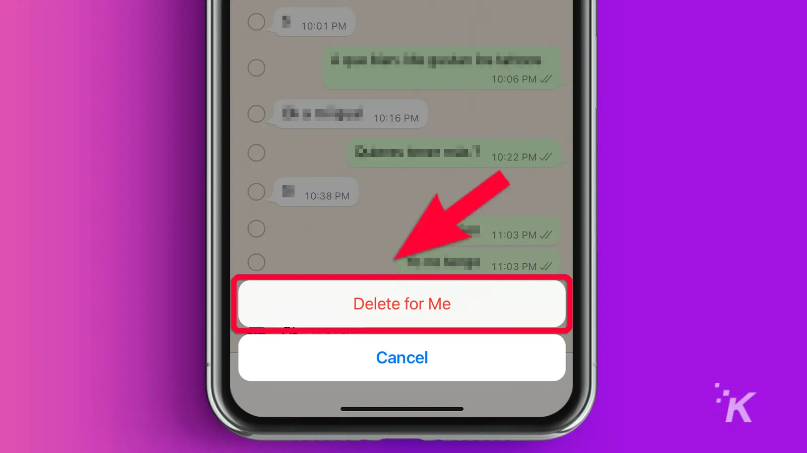 flecha que apunta a eliminar para mí en WhatsApp móvil con fondo morado