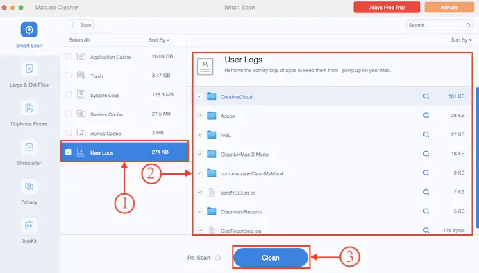 Choisissez les journaux des utilisateurs dans Macube Cleaner