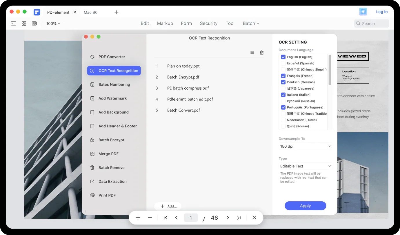 selecting the ocr text recognition option on pdfelement