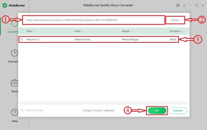 NoteBurner Spotify Music Converter'da bağlantı sonucu