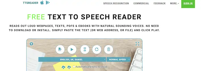 Página inicial gratuita do leitor de texto para fala