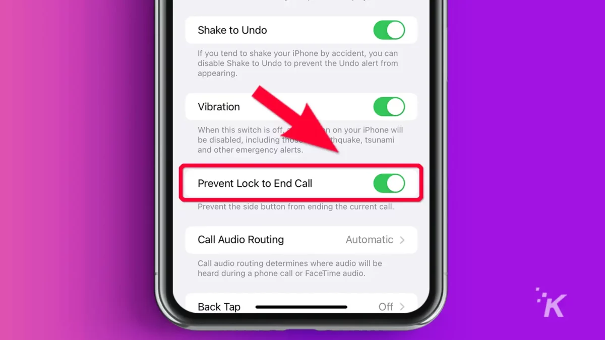 iPhone 設置中的箭頭指向 Prevent Lock to End Call 選項卡