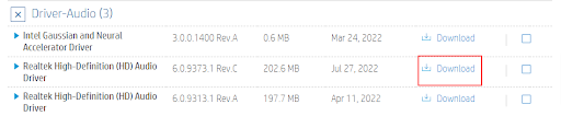 Select the Download option for the latest audio driver