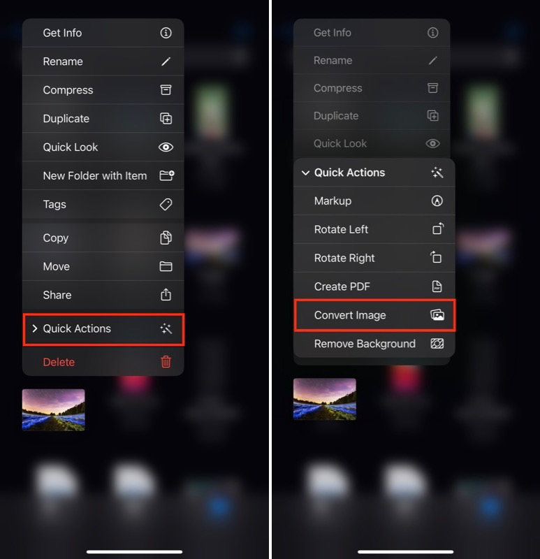 convert image quick action in files app