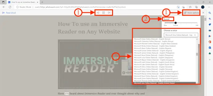 Options de lecture à haute voix dans le lecteur immersif