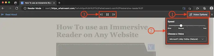 Opțiuni vocale în Immersive Reader în Microsoft Edge macOS