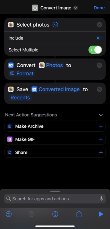 adding the save to photo album to shortcut