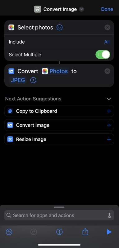 adding the convert image action to the shortcut