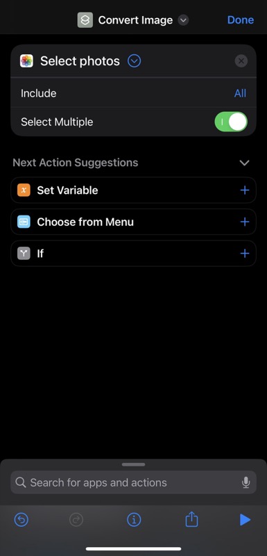 adding select photos action to the shortcut