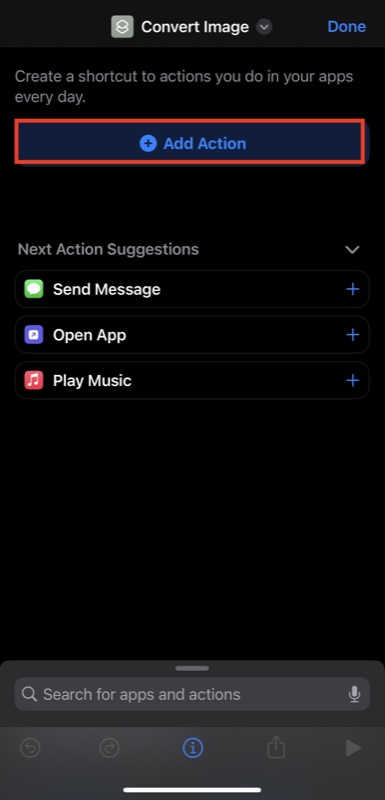 adding a new action in the shortcut