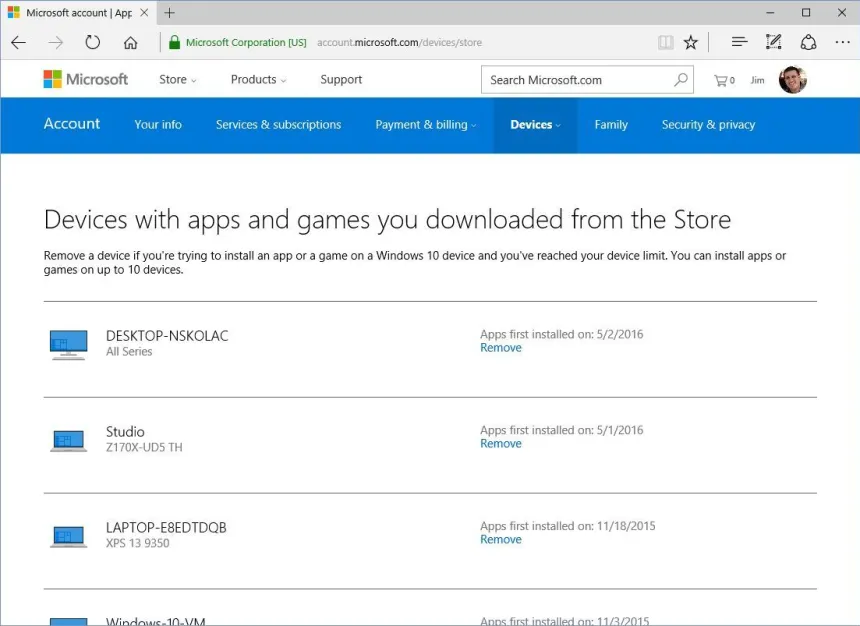 dispositivos de jogos de aplicativos de conta da microsoft