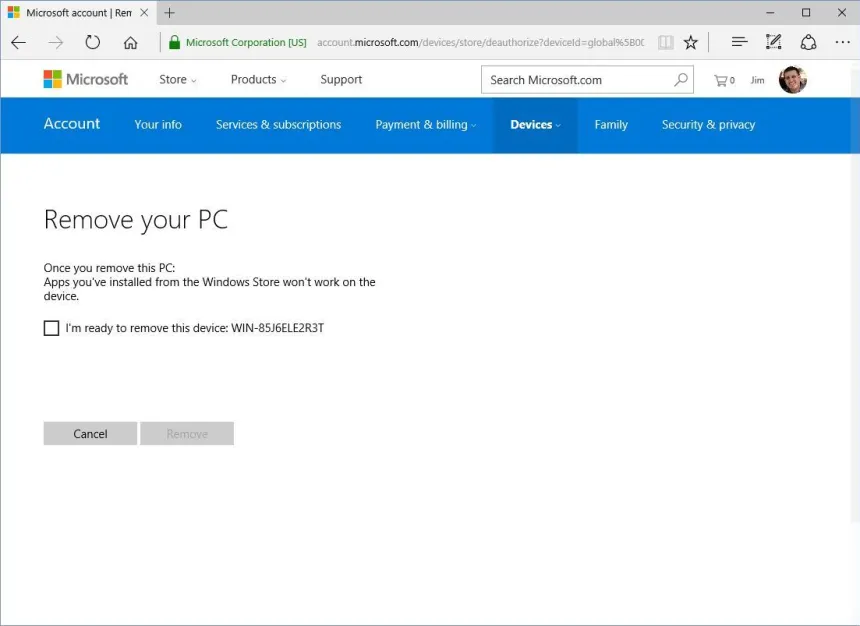 デバイスのMicrosoftアカウントを削除します