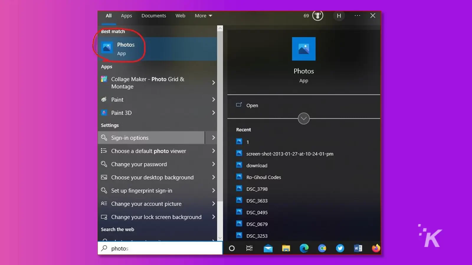 App per foto di Windows su sfondo viola