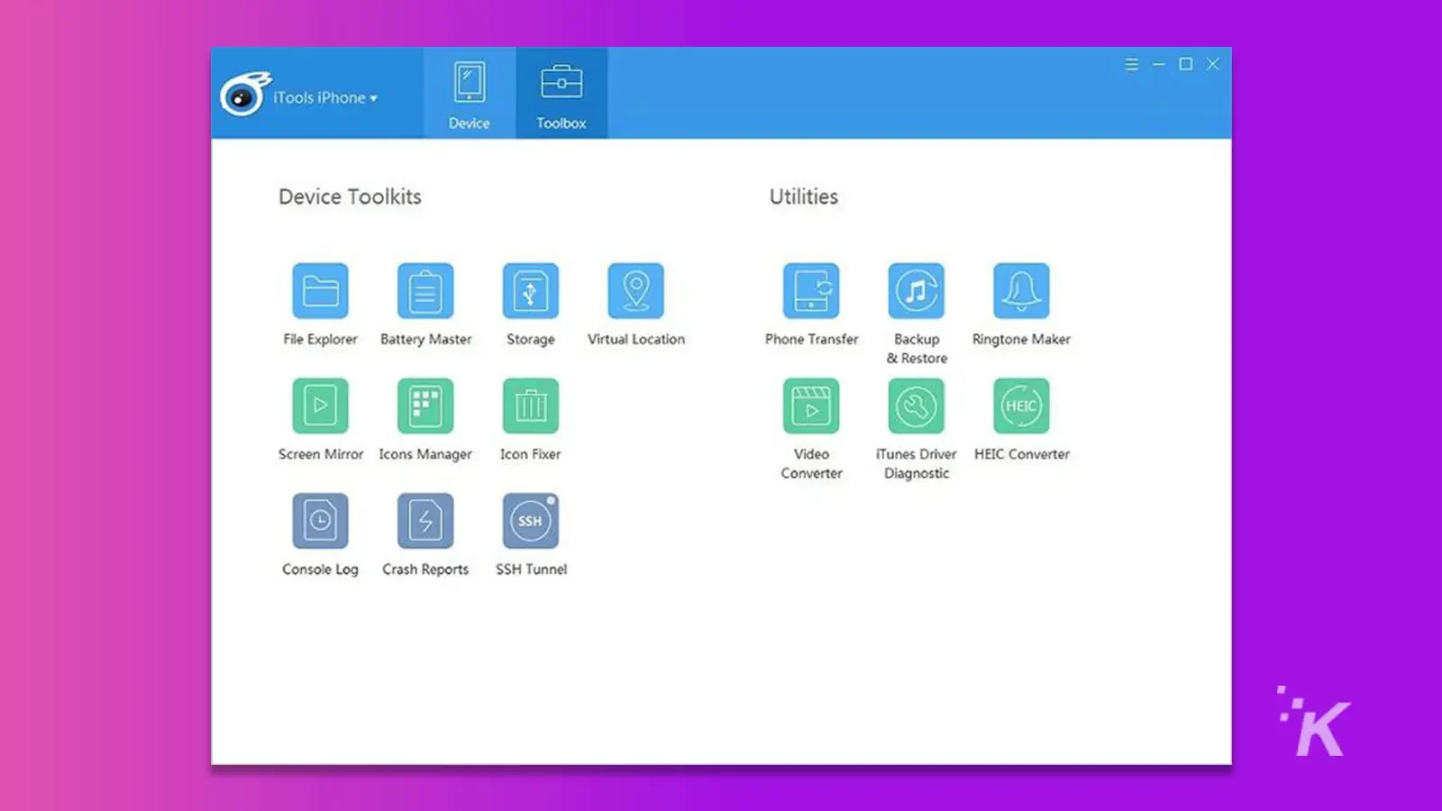 Interface do iTools mostrando kits de ferramentas do dispositivo em fundo roxo