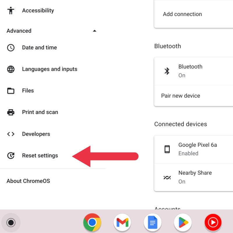 reset settings in chromeos