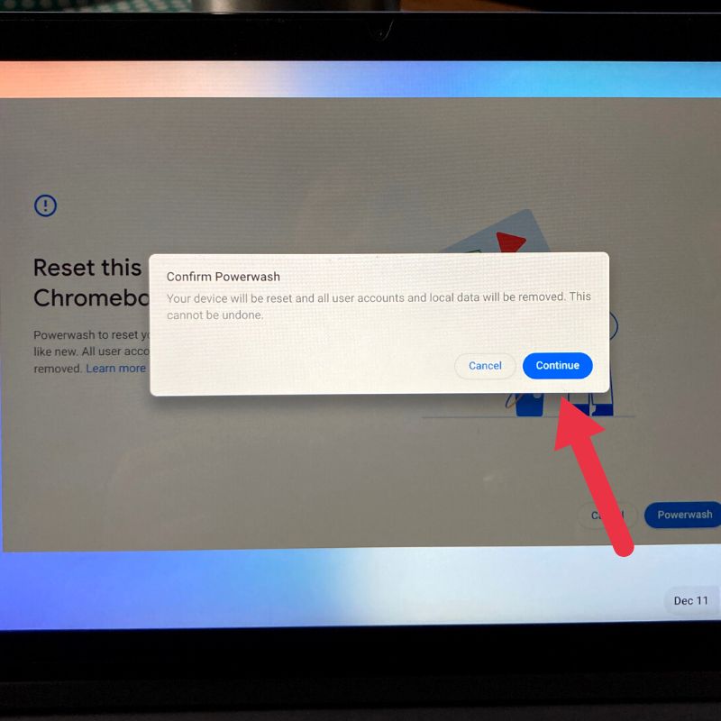 continue option for chromebook reset