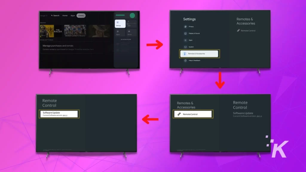 instrucciones de actualización de software remoto en la pantalla de televisión inteligente