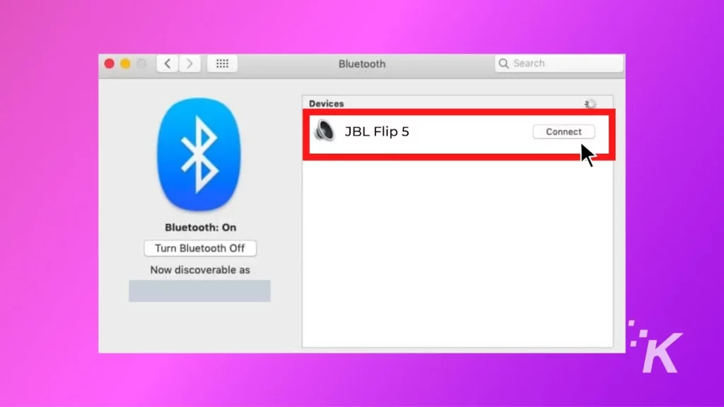 macos bluetooth menüsüne mor arka planda bir JBL flip 5 ekleme