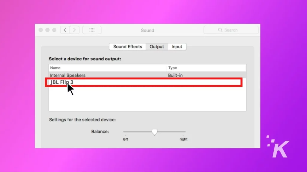 macos conecta el menú del altavoz jbl sobre un fondo morado