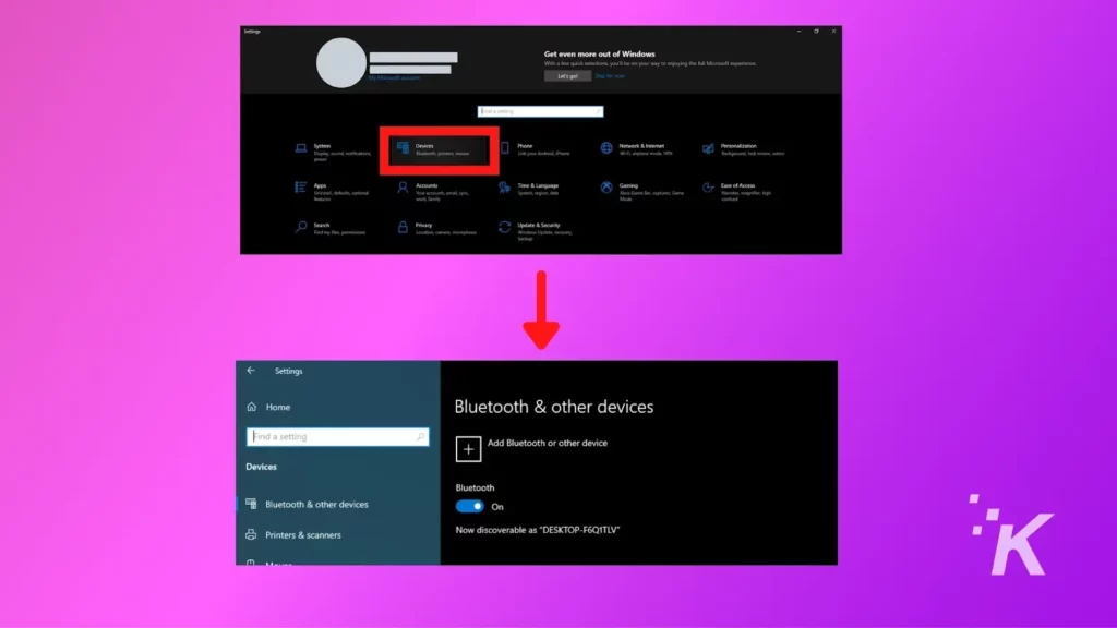 captura de tela do menu de configurações de bluetooth do windows 10 em um fundo roxo