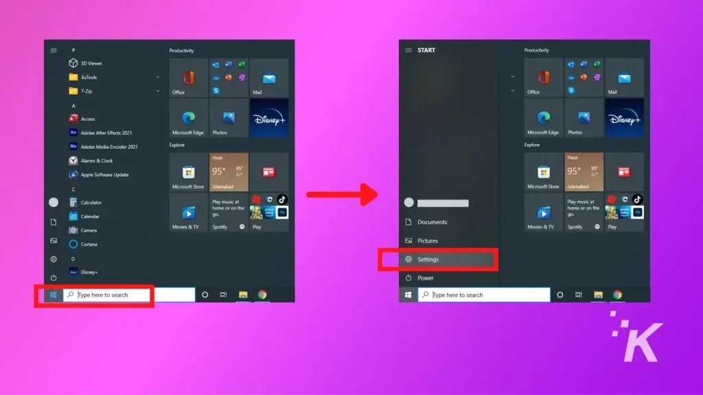 captură de ecran pentru setările Windows 10 pe fundal violet