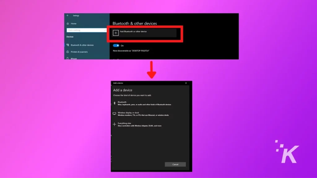 Windows 10, mor bir arka planda bluetooth cihazı ekran görüntüsü ekler