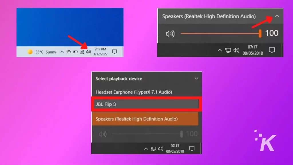 captură de ecran pentru setările difuzoarelor bluetooth Windows 10 pe un fundal violet