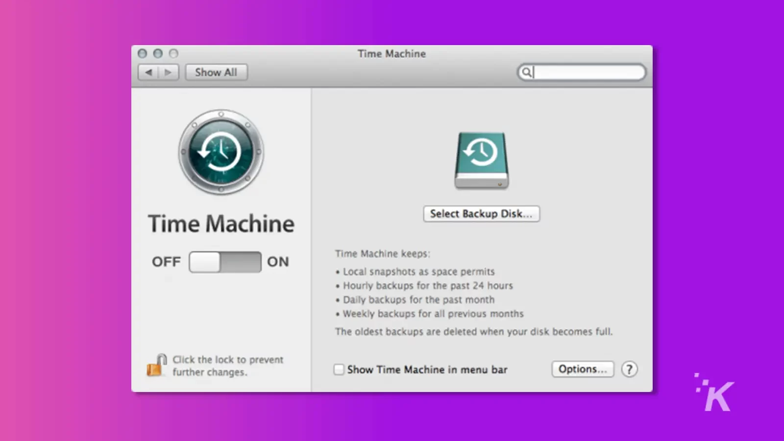 برنامج Time Machine على خلفية أرجوانية