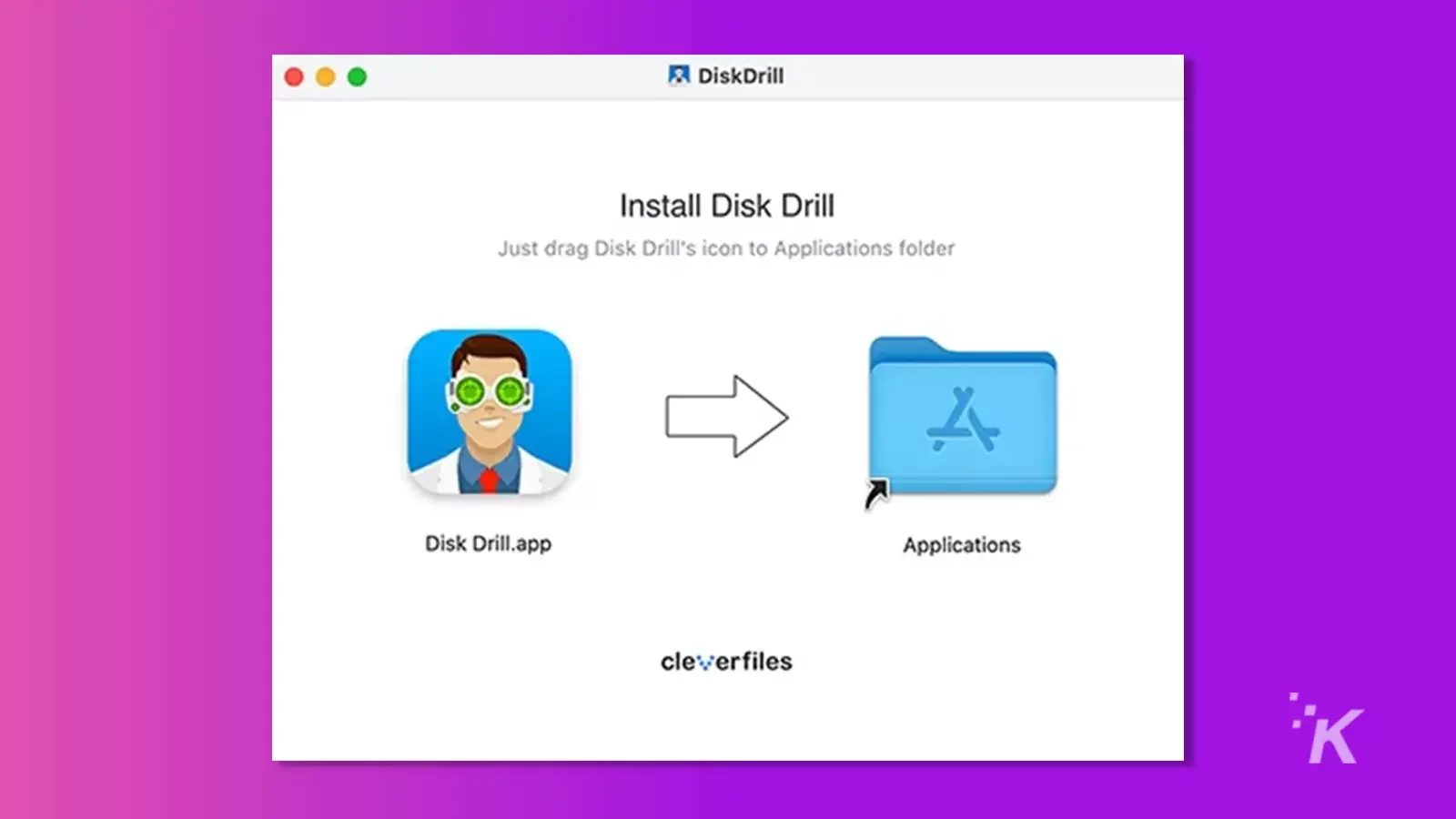 Tela de instalação do aplicativo Disk Drill para MacOS em fundo roxo