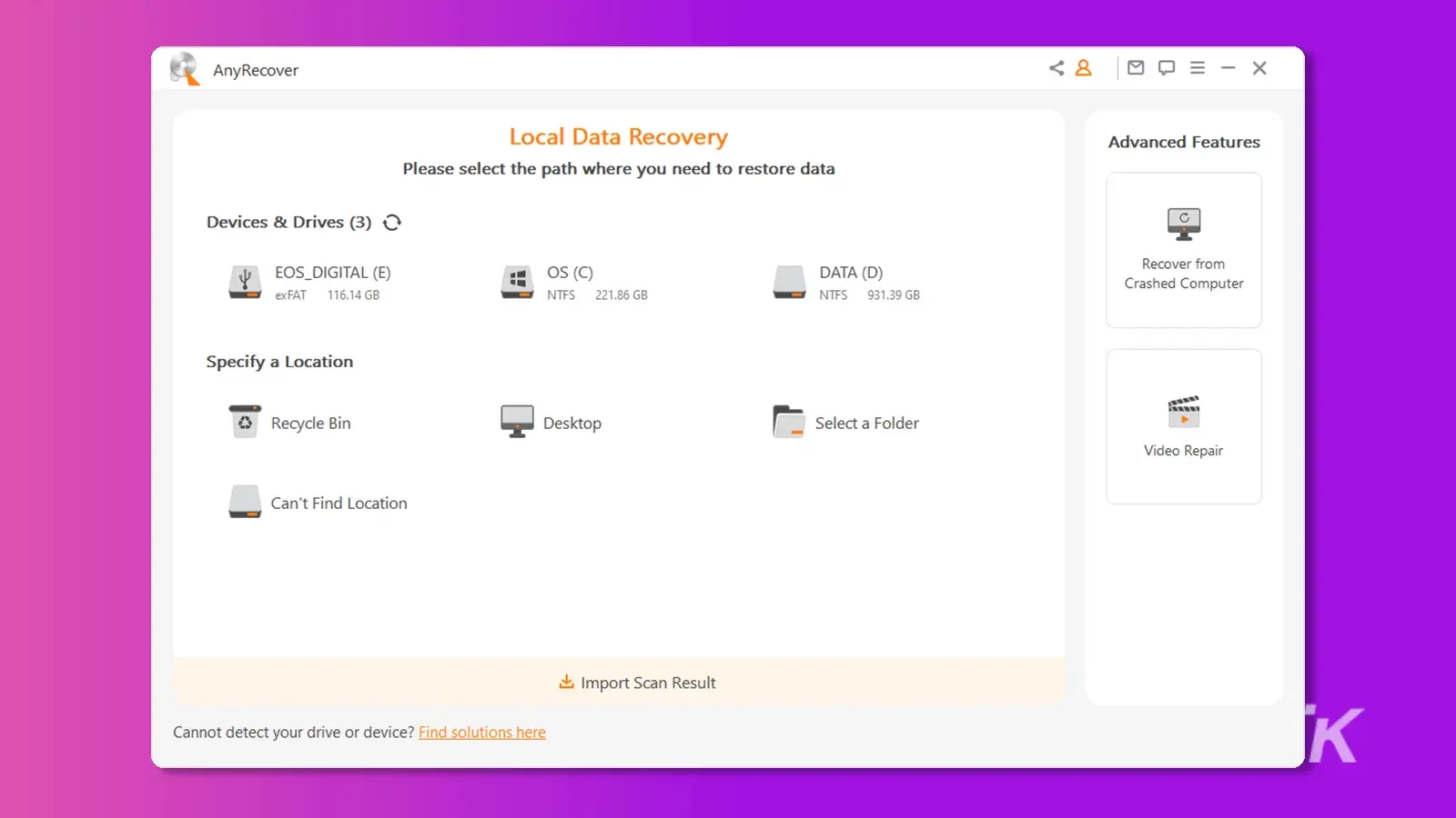 Interface du programme AnyRecovery