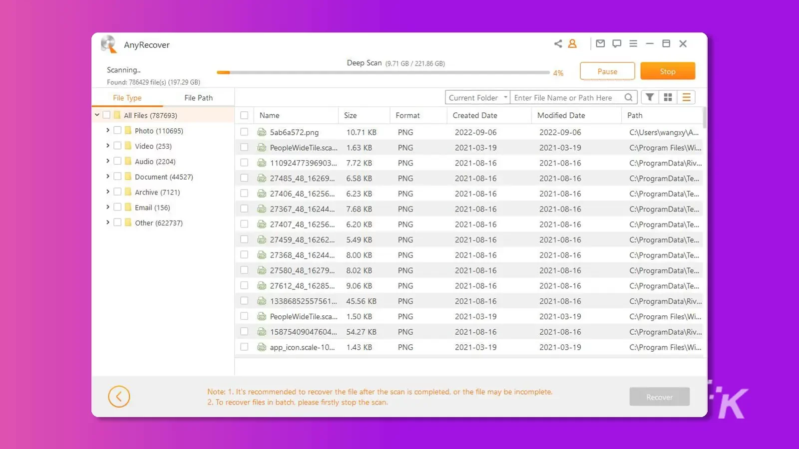 Interface AnyRecovery effectuant une analyse approfondie