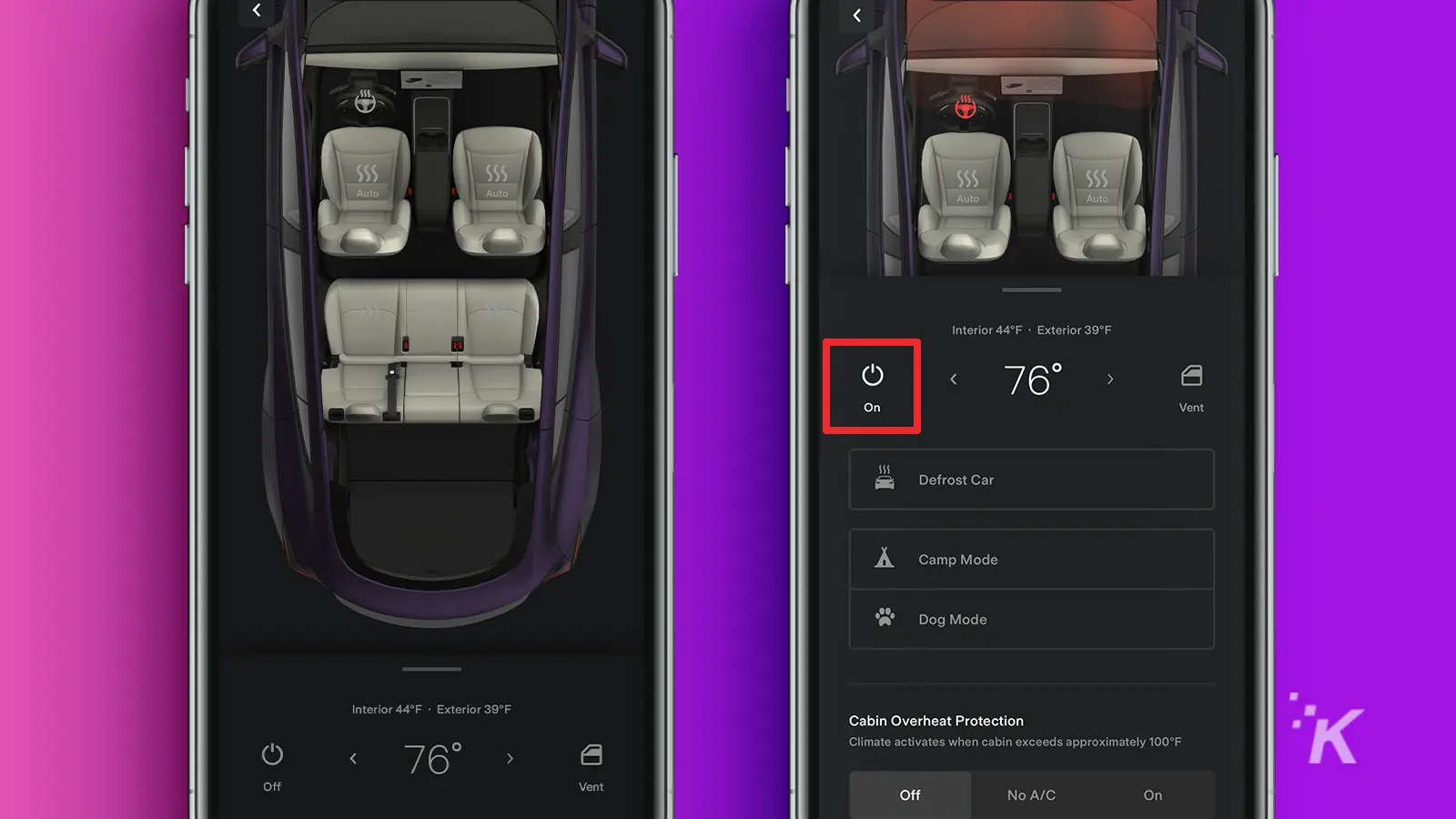 Die Tesla-App zeigt die eingeschaltete Klimaanlage mit einem Quadrat um den Ein-Tab auf dem iPhone