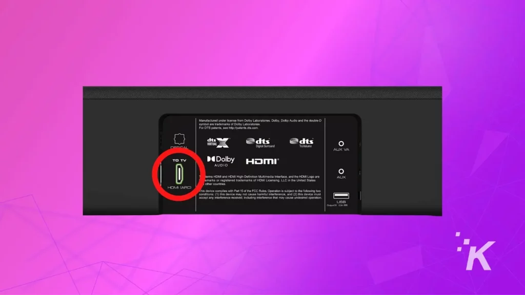 barre de son vizio entrée arc hdmi sur fond violet