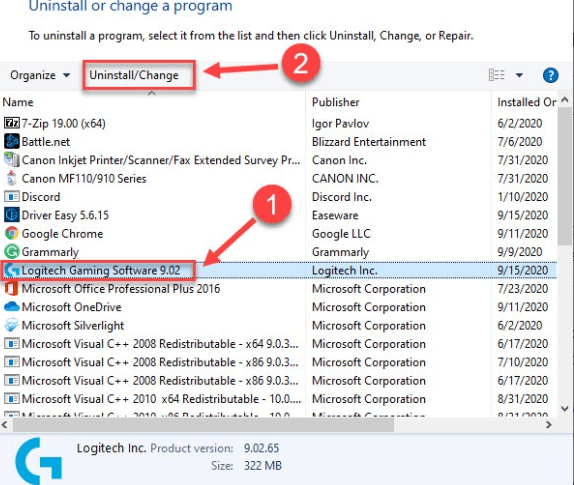 Uninstall or change Logitech Gaming Software