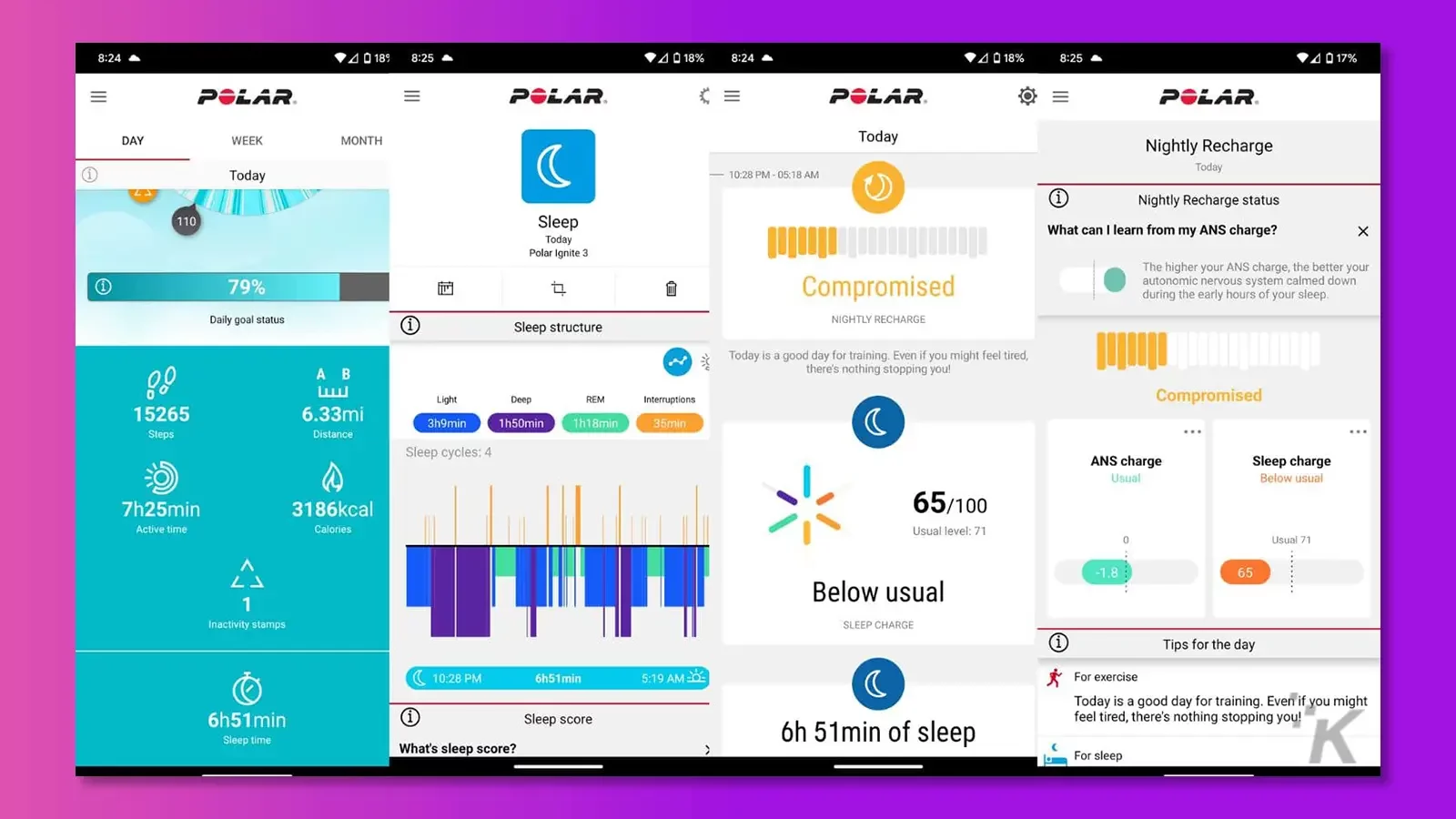 Interfaz de la aplicación Polar Flow sobre un fondo morado