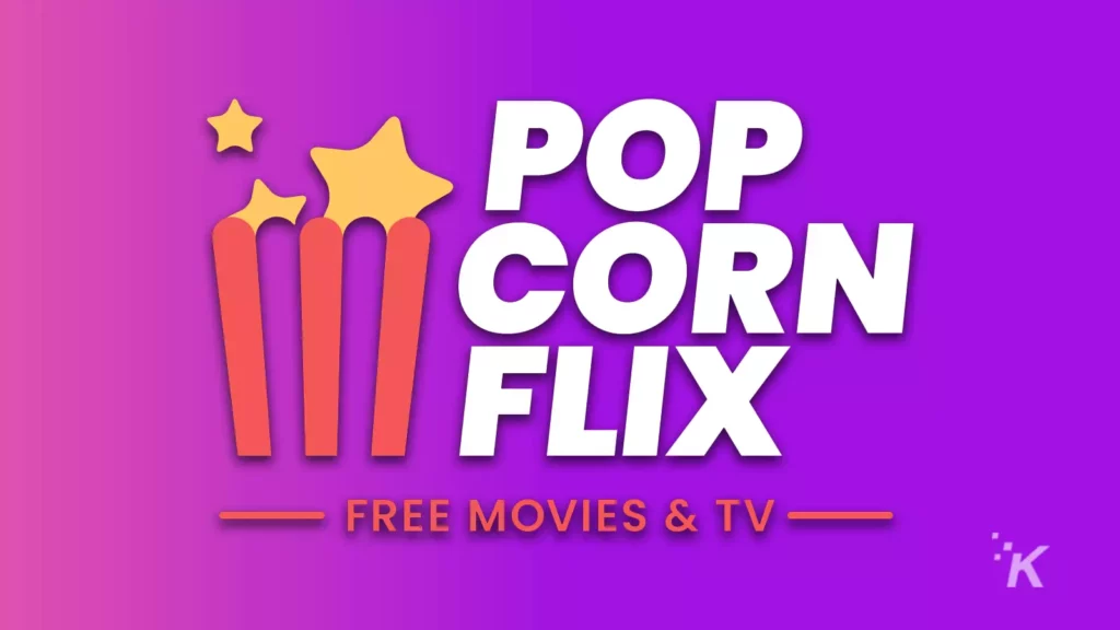 Mor arka planda patlamış mısır kovası olan popcornflix logosu