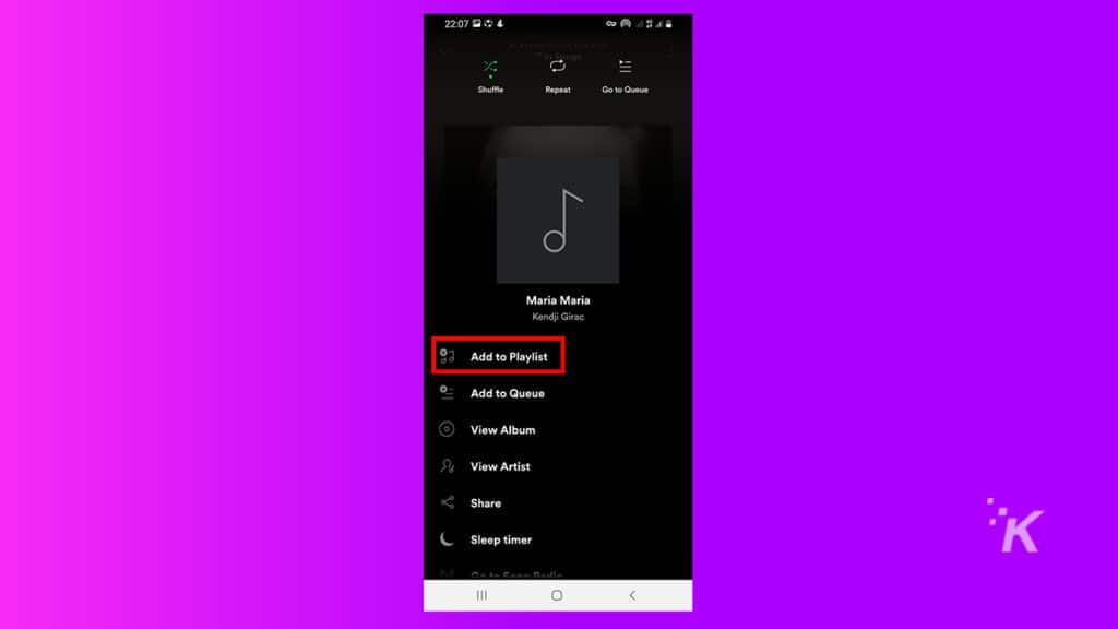 Spotify で [プレイリストに追加] をタップします。