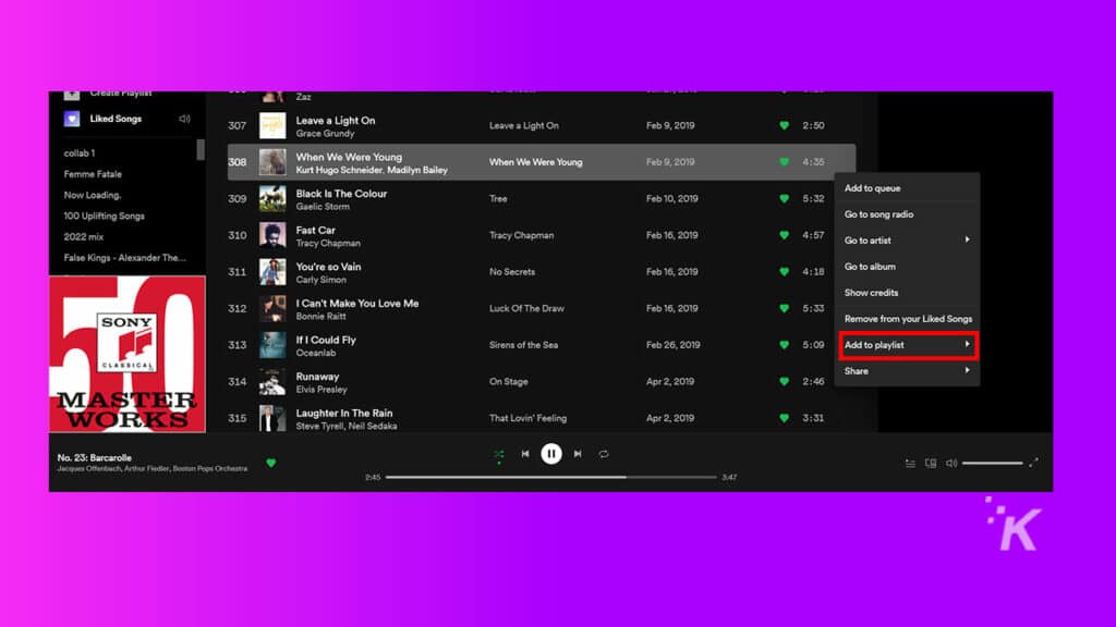 Aggiunta di brani a una playlist di Spotify utilizzando l'app desktop